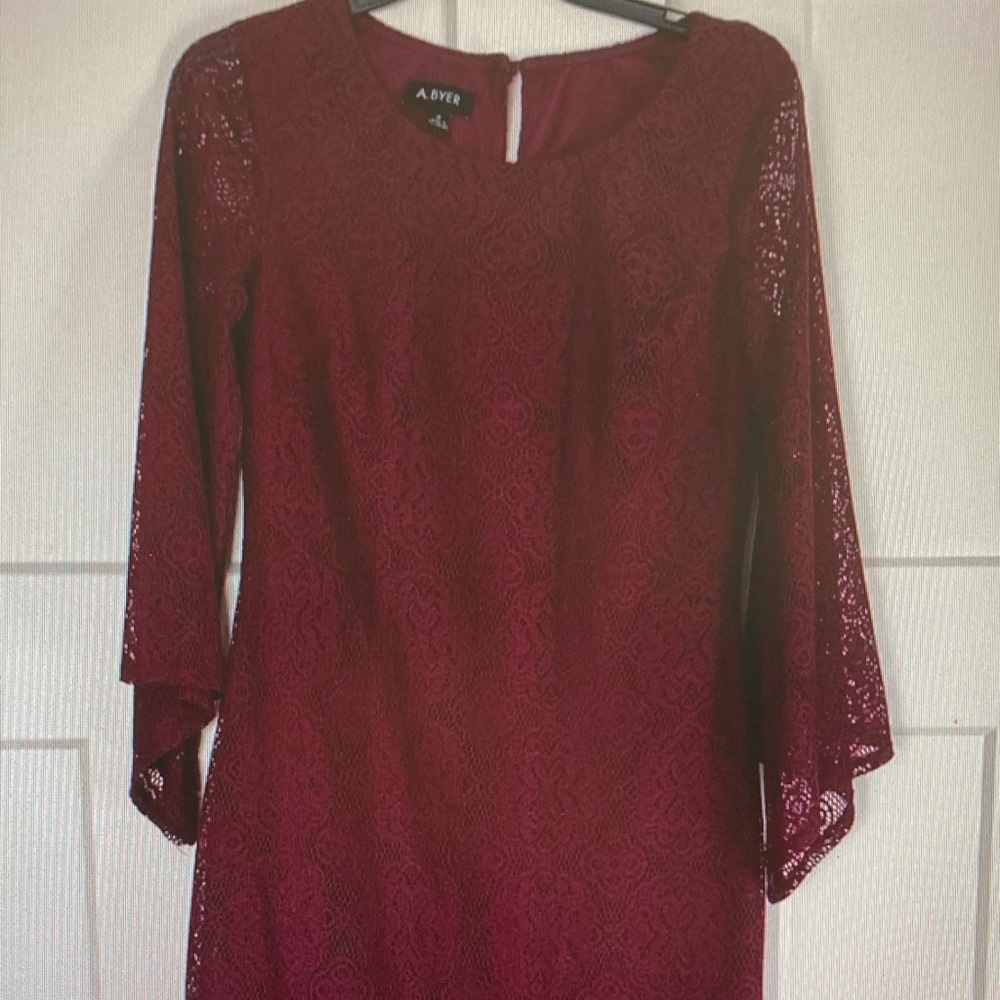 a new day Wine Lace Long Sleeve Shift Dress